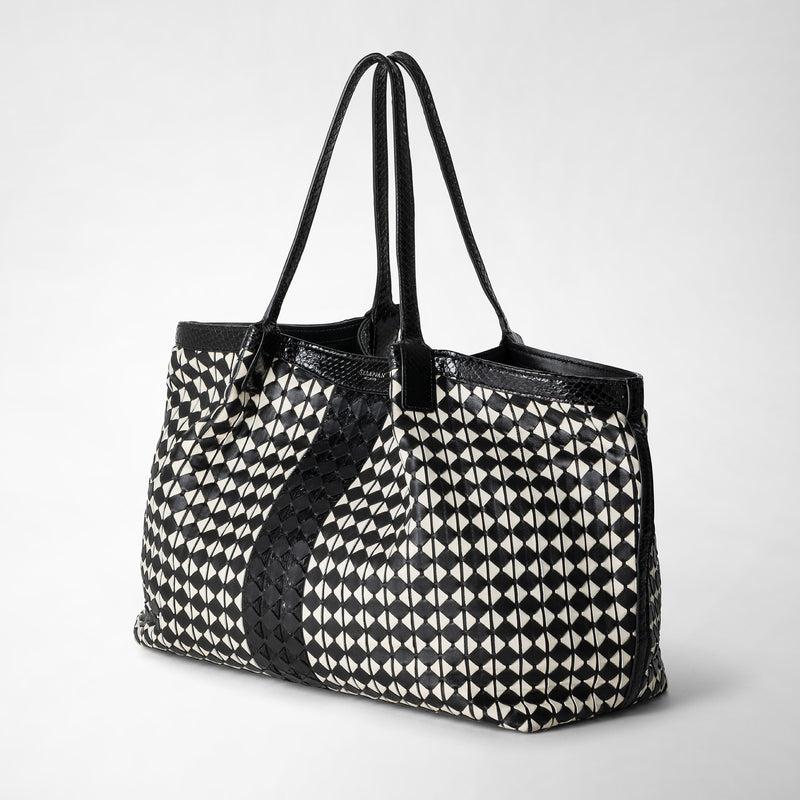 Serapian Secret tote bag in mosaico and elaphe black off-white Vendita Calda