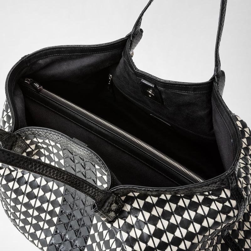 Serapian Secret tote bag in mosaico and elaphe black off-white Vendita Calda