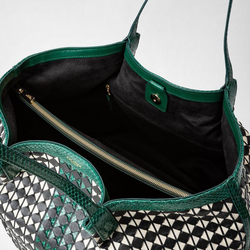 Serapian Secret tote bag mosaico elaphe black-white-emerald Vendita Economica