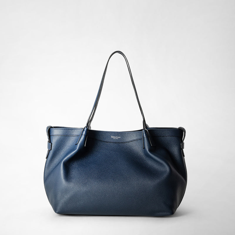 Serapian Tote bag secret piccola in pelle rugiada blu navy Nuova