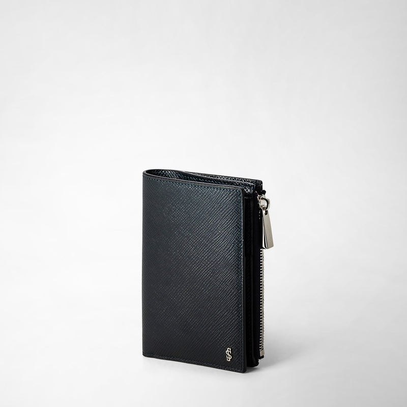 Serapian Vertical billfold with zip in evoluzione leather navy blue Presa