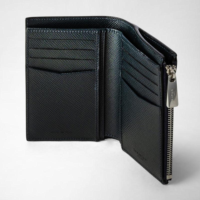 Serapian Vertical billfold with zip in evoluzione leather navy blue Presa