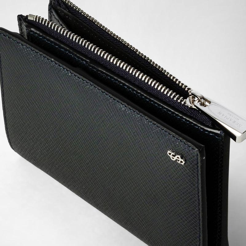 Serapian Vertical billfold with zip in evoluzione leather navy blue Presa