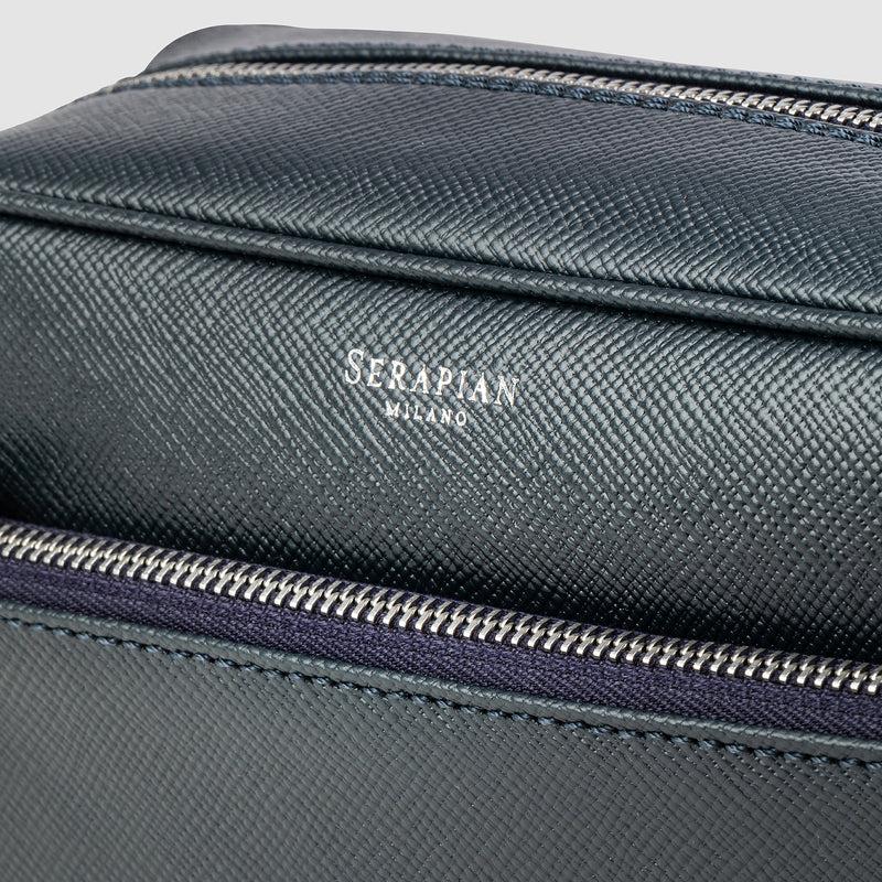 Serapian Wash bag recycled twill evoluzione leather navy blue Saldi
