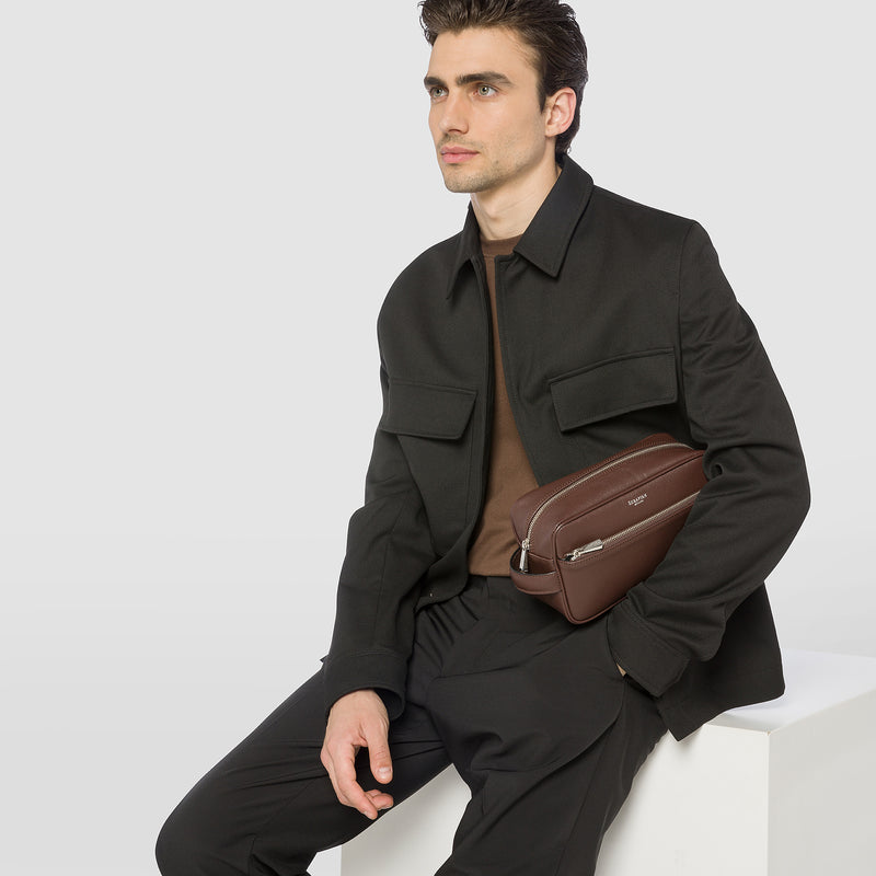 Serapian Wash bag recycled twill evoluzione leather burgundy