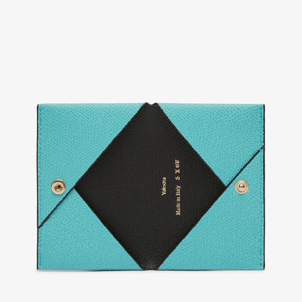 Valextra Porta carte con bottone in Pelle Azzurra e Nera | Valextra Saldi Di Fabbrica