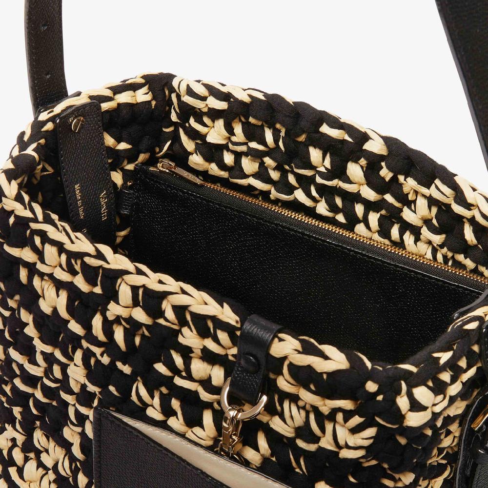 Valextra Borsa a secchiello Donna Nera e Beige in Rafia e Cotone | Valextra Negozi Online