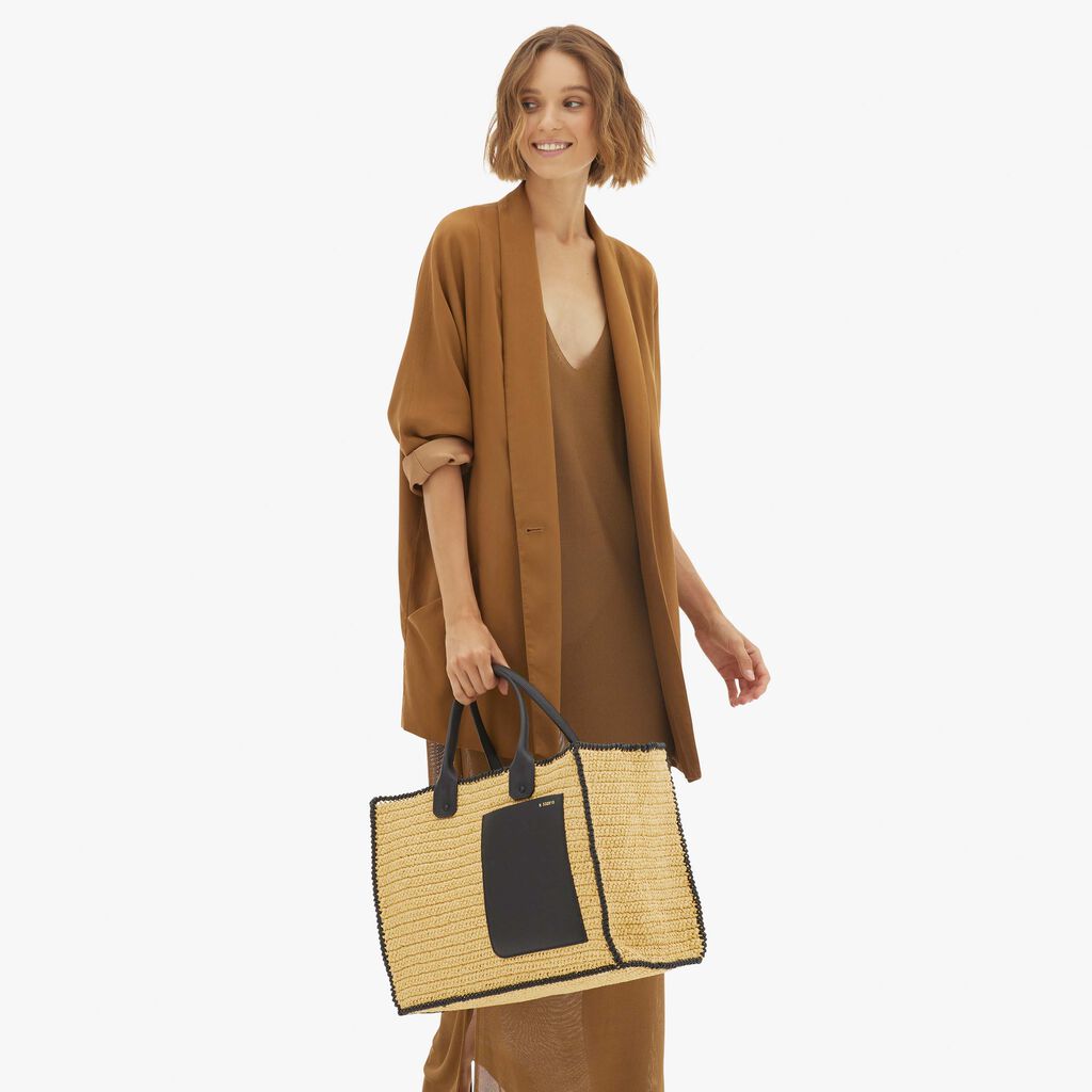 Valextra Borsa tote Grande da Donna in Rafia Beige e Nera | Valextra Promozione temporanea