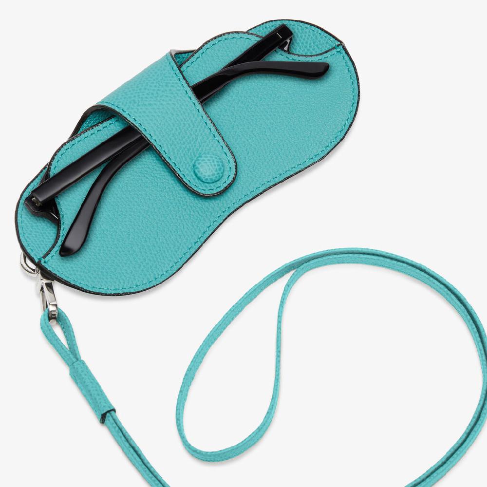 Valextra Porta occhiali con tracolla di Lusso in Pelle Azzurra | Valextra Sostegno trimestrale