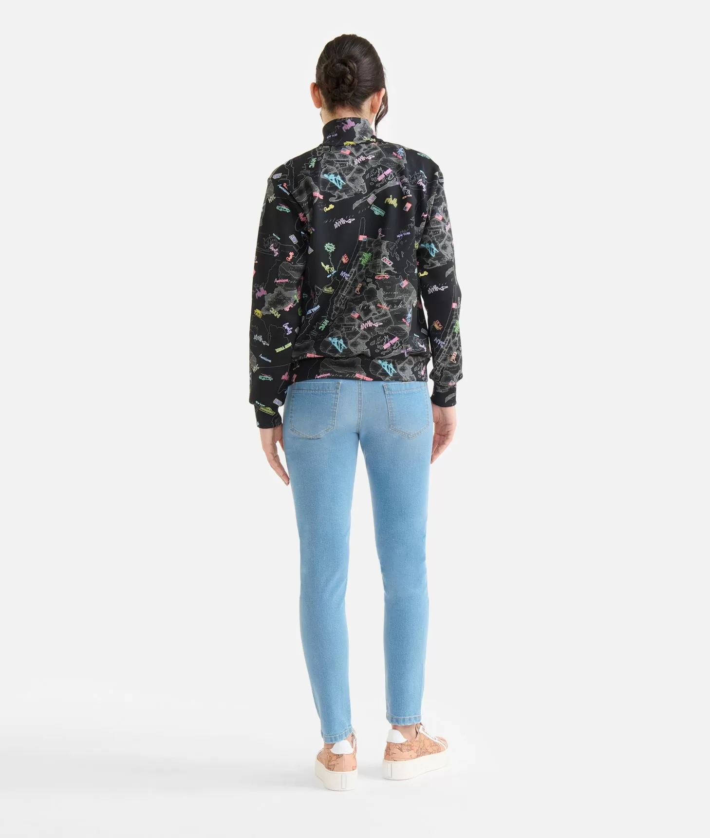Alviero martini 1a classe Felpa con zip in tessuto scuba stampa Geo NYC Nera Fino Al -60%