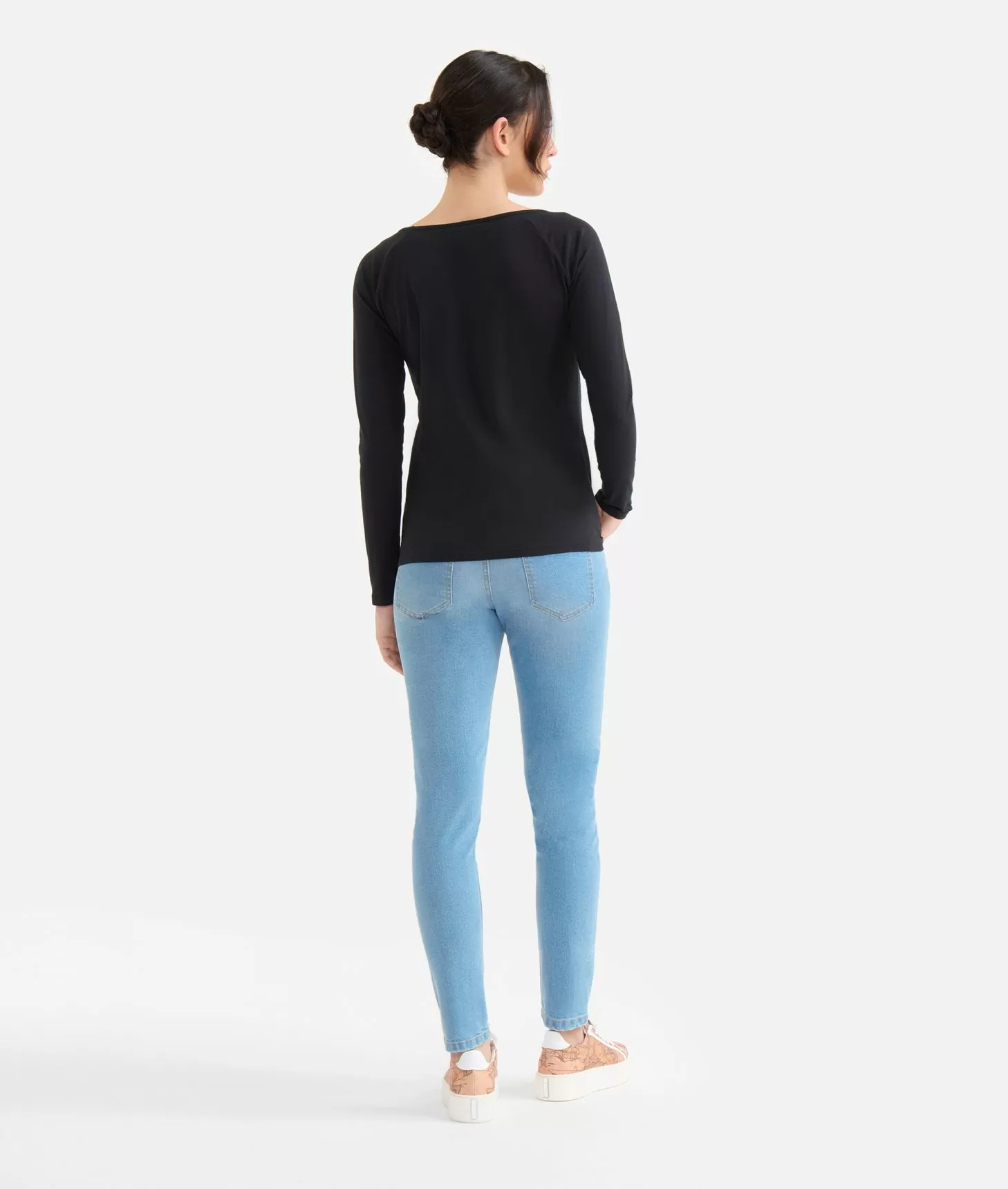 Alviero martini 1a classe T-shirt a maniche lunghe in jersey di cotone stretch con spicchi Geo Classic Nera Affare Del Giorno