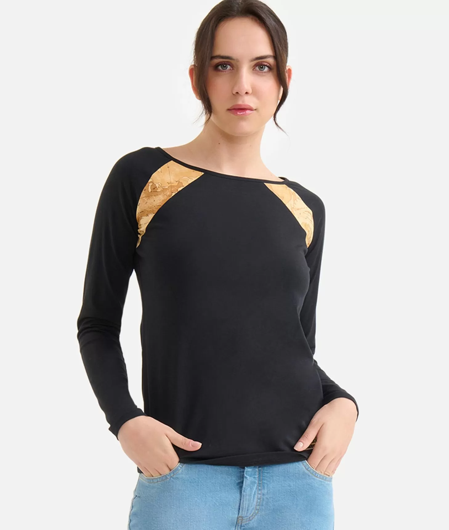 Alviero martini 1a classe T-shirt a maniche lunghe in jersey di cotone stretch con spicchi Geo Classic Nera Affare Del Giorno