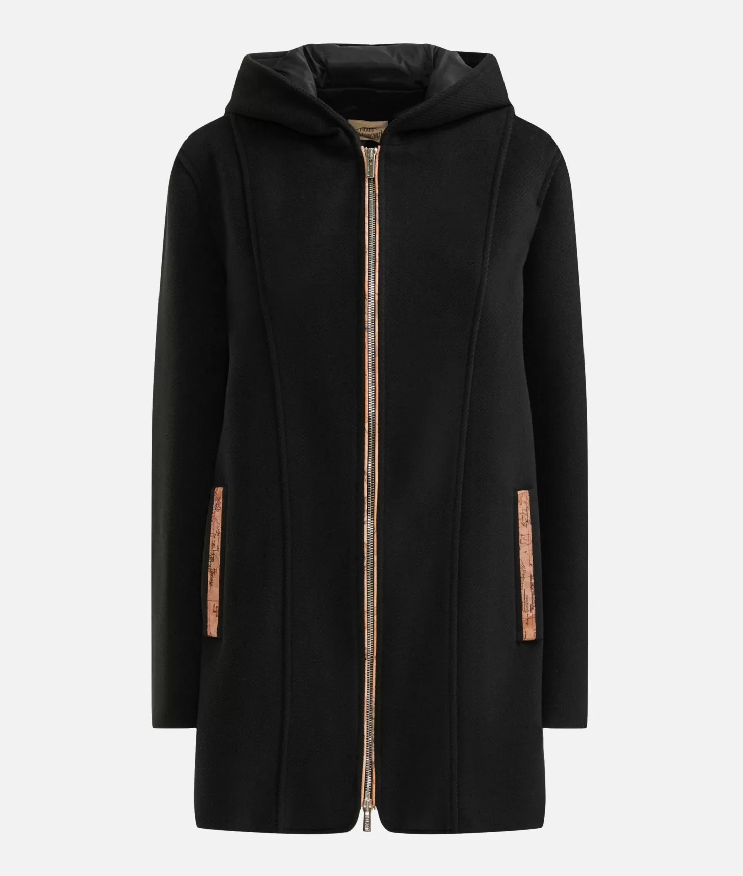 Alviero martini 1a classe Cappotto midi in panno diagonale con patch Donnavventura Nero Saldi Di Fabbrica