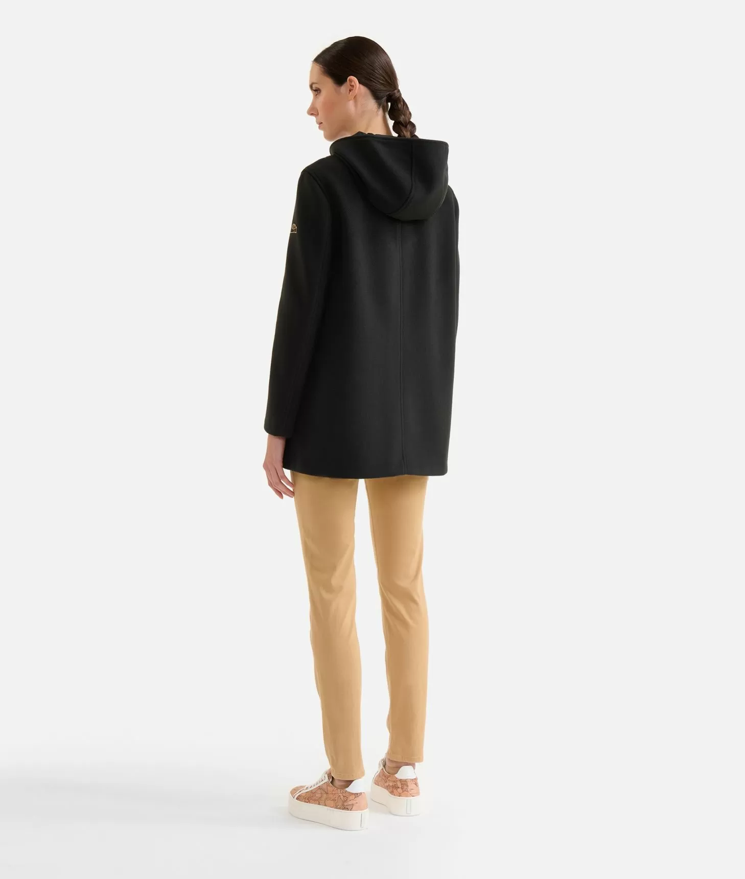 Alviero martini 1a classe Cappotto midi in panno diagonale con patch Donnavventura Nero Saldi Di Fabbrica
