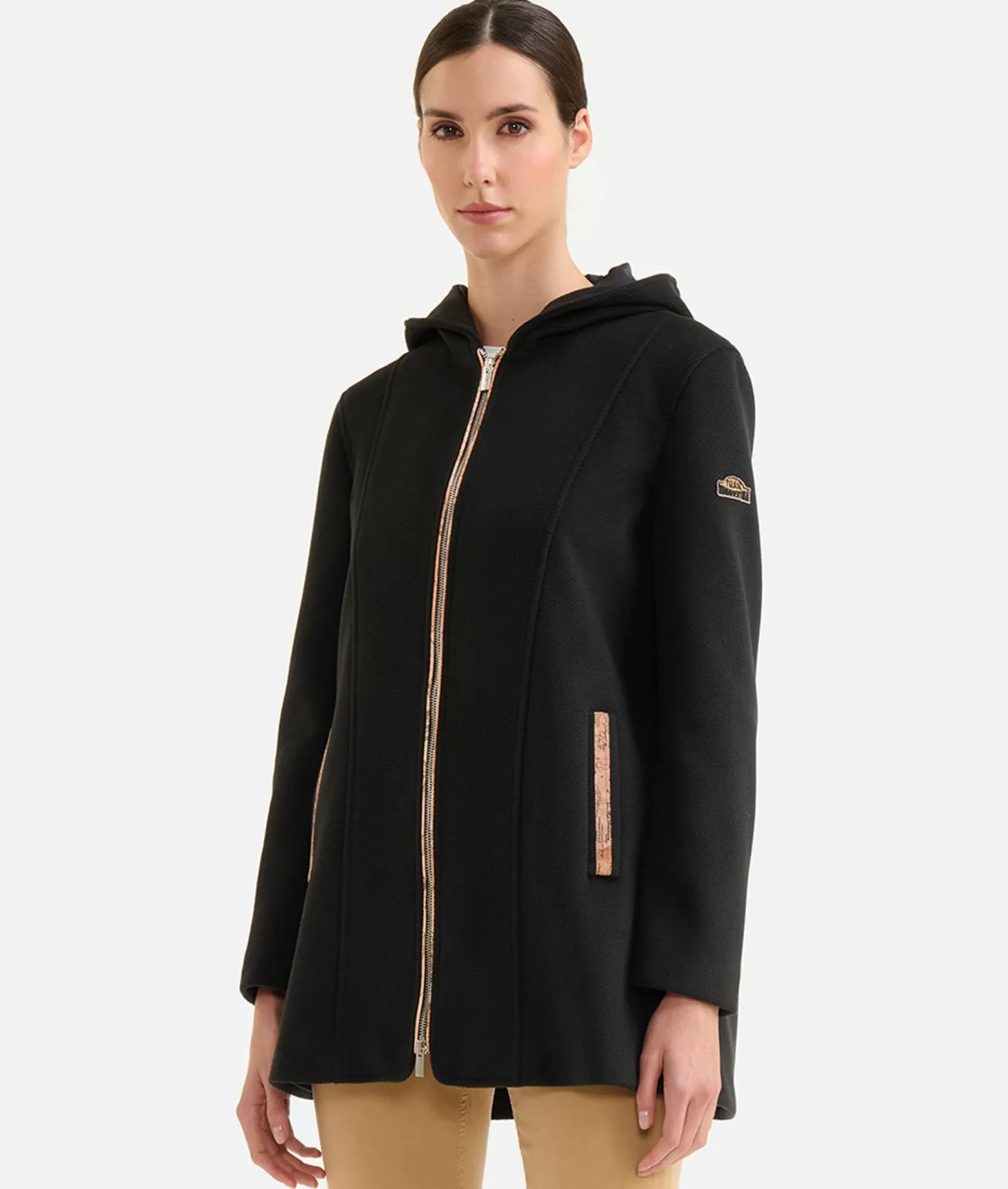 Alviero martini 1a classe Cappotto midi in panno diagonale con patch Donnavventura Nero Saldi Di Fabbrica